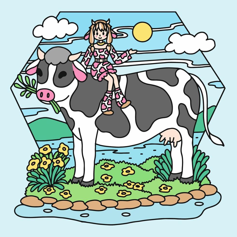 mignonne fille avec vache vecteur