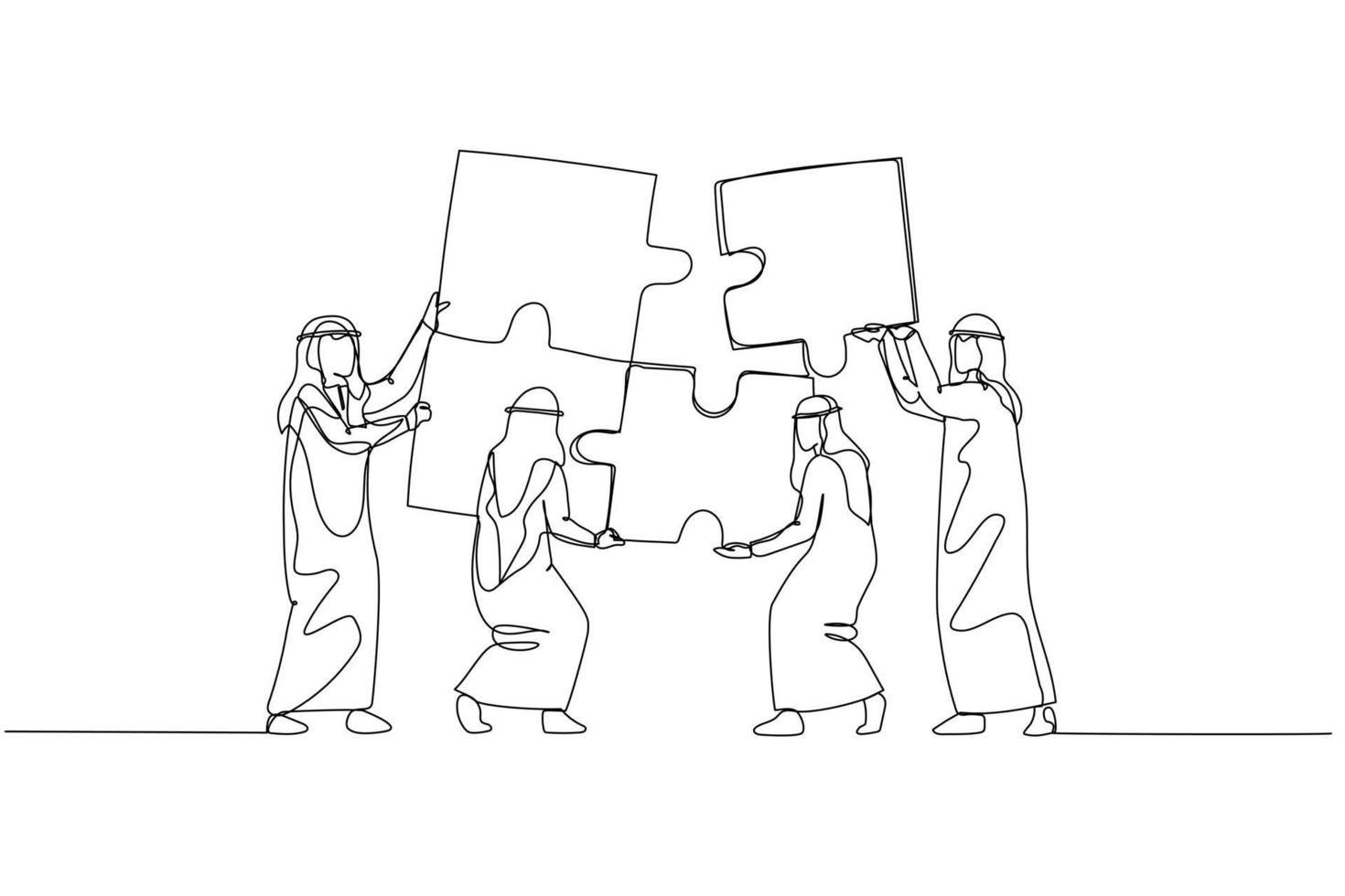 dessin animé de arabe homme d'affaire avec équipe apportant puzzle ensemble. concept de travail en équipe. un ligne art style vecteur