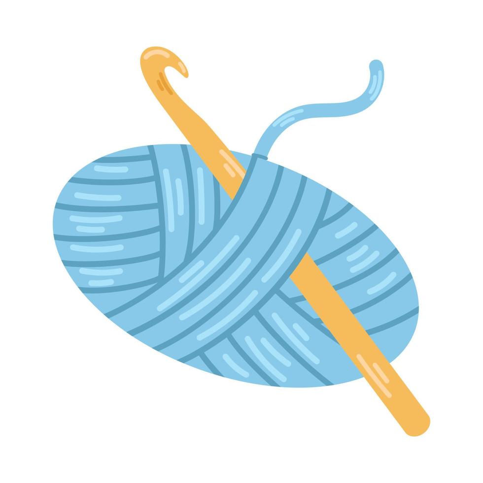 vecteur la laine écheveau avec crochet accrocher. tricoter fils. confortable artisanat passe-temps. tricot. bleu fil et Jaune crochet crochet dans plat conception.