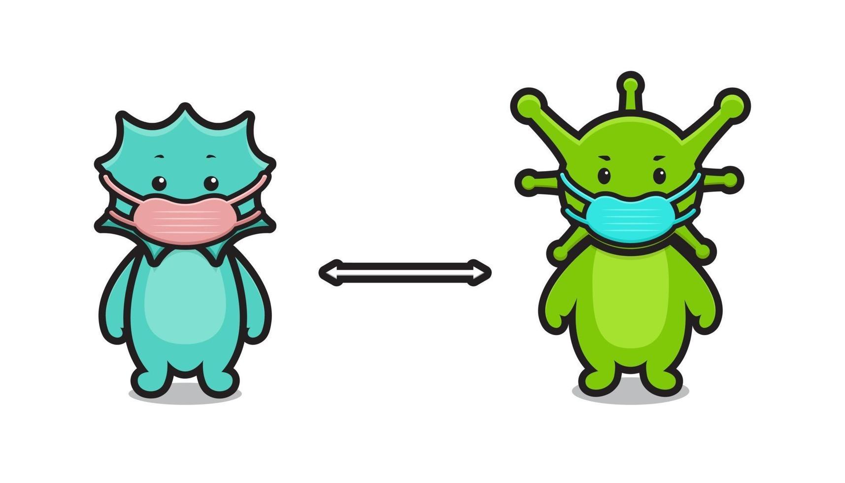 illustration de personnage de mascotte de virus mignon porter un masque maintenir la distance vecteur