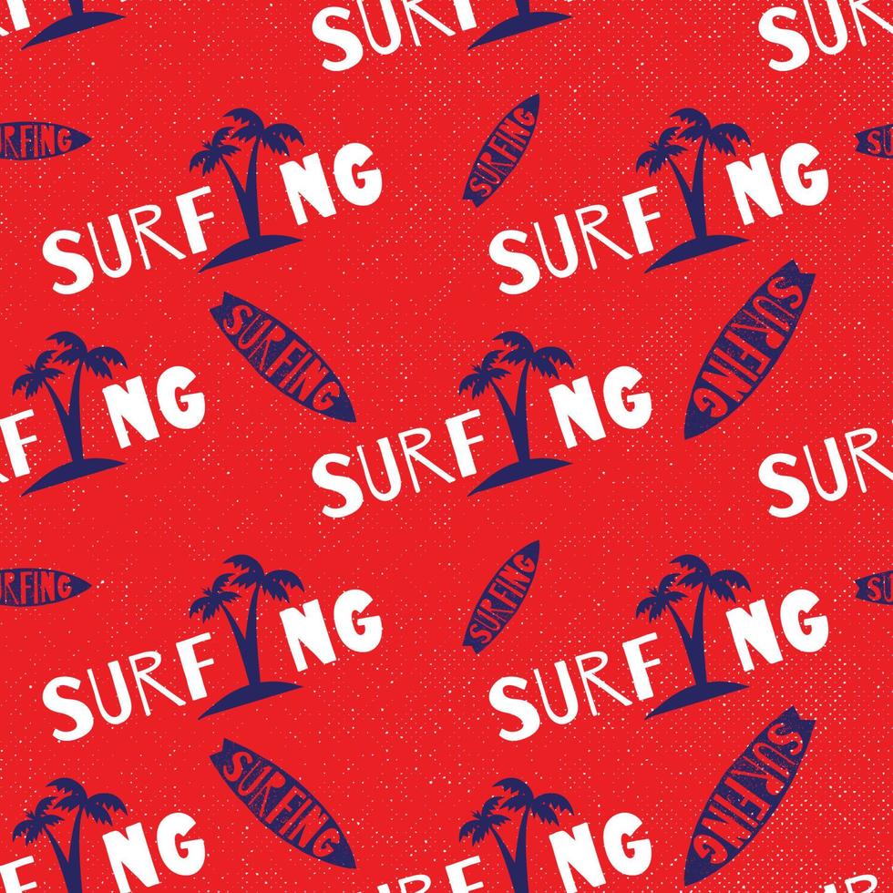 le surf planche et noix de coco arbre sans couture modèle avec rouge grunge Contexte vecteur