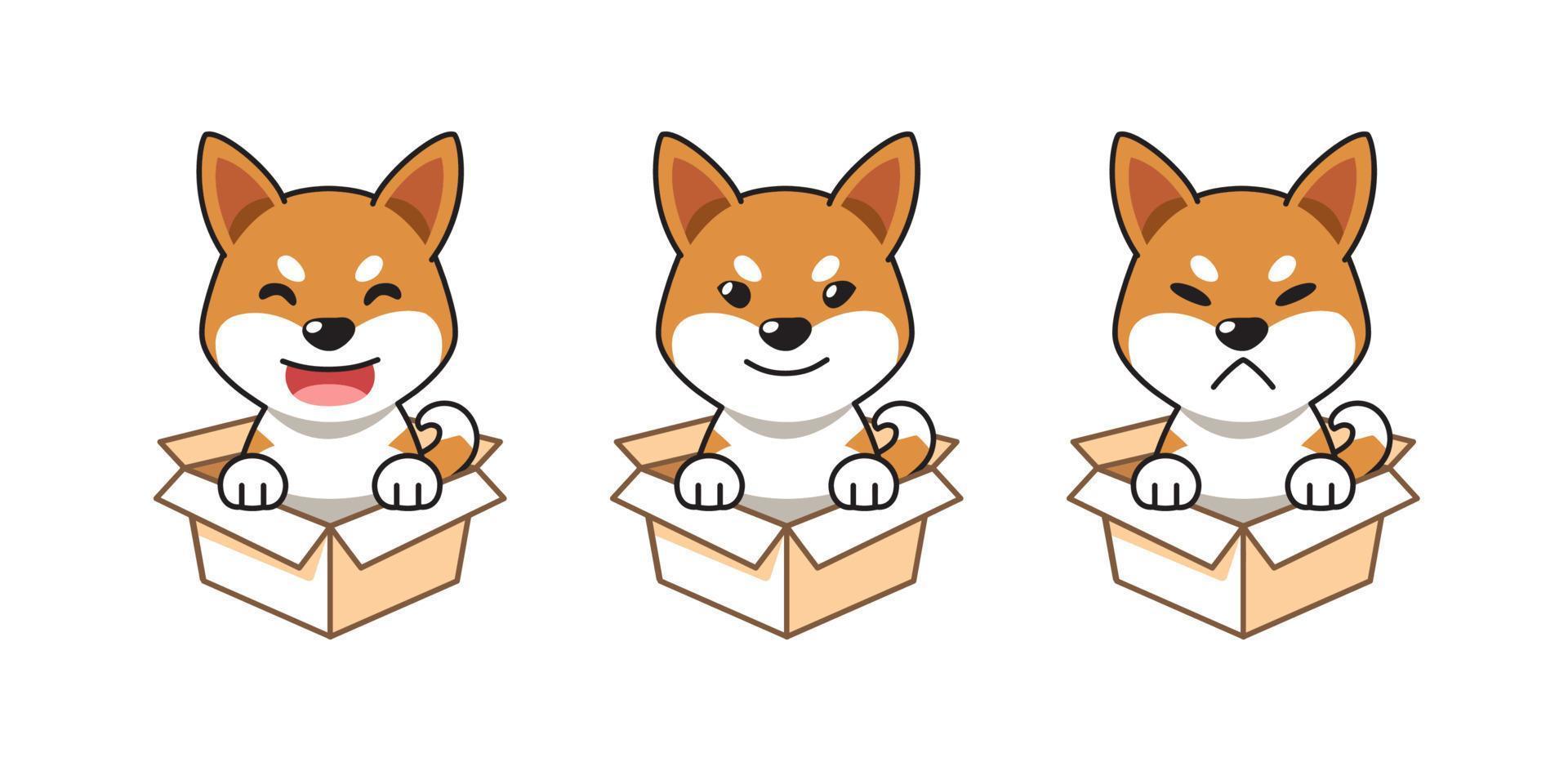 vecteur dessin animé illustration ensemble de shiba inu chien montrant différent émotions dans papier carton des boites