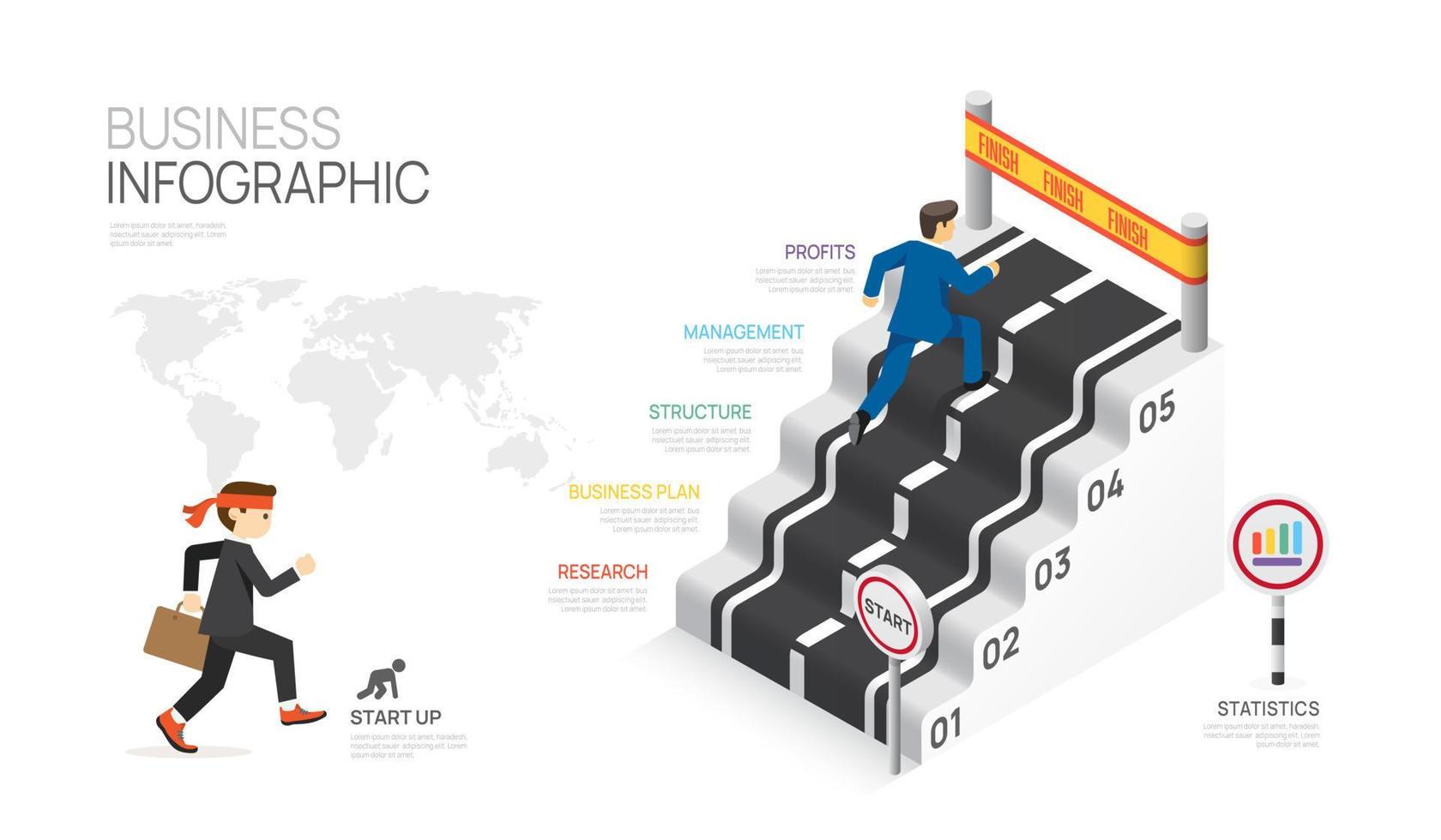 infographie route escalier modèle pour entreprise. affaires courir à succès, élément diagramme route à début en haut, présentation vecteur infographie.