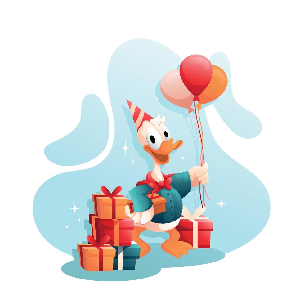 une canard en portant une cadeau et des ballons sur le sien anniversaire vecteur