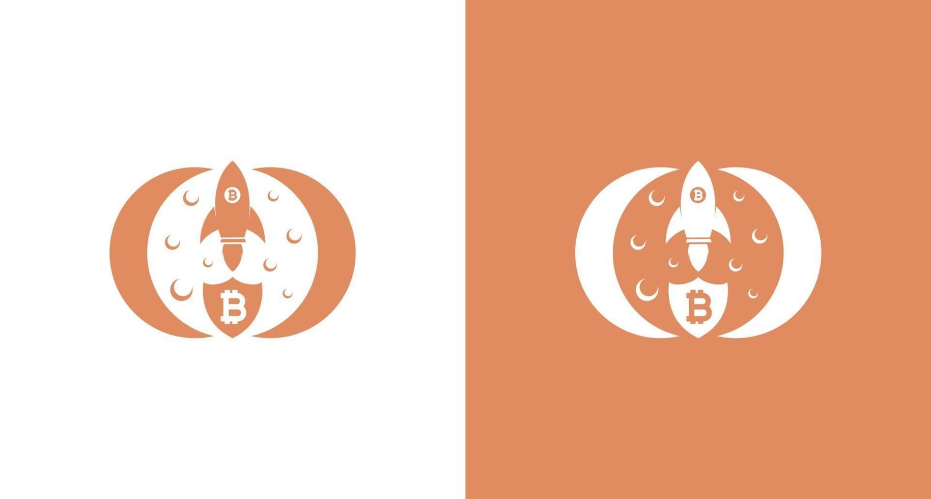 fusée à travers l & # 39; illustration de la lune, volant de la fusée bitcoin dans l & # 39; espace, logo de la lune de la fusée moderne vecteur