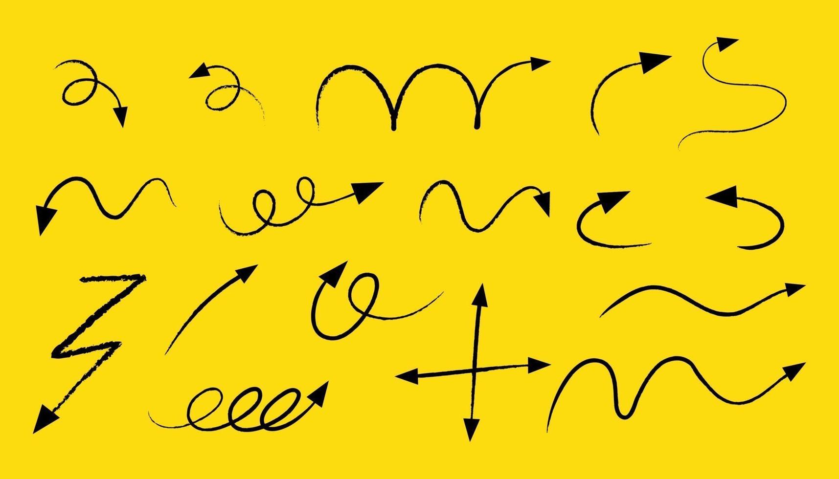 différents types de flèches courbes dessinées à la main sur fond jaune vecteur