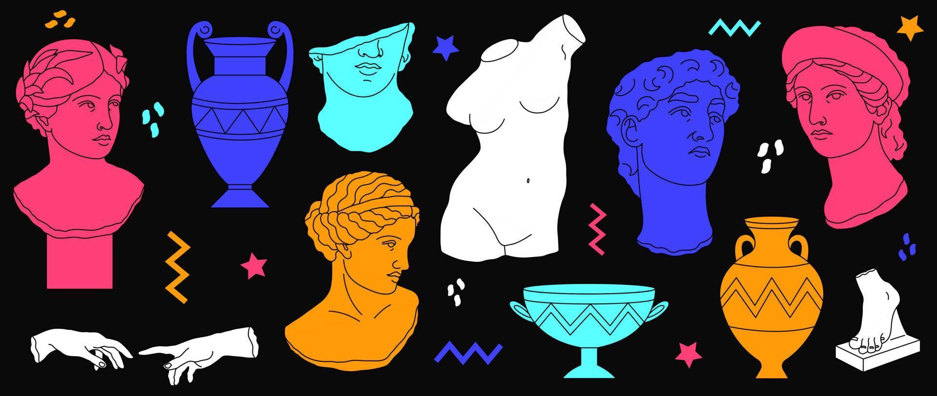 mythique, ancien grec style. antique statues de femmes et homme, vases, sculptures de corps les pièces dans moderne style. vecteur