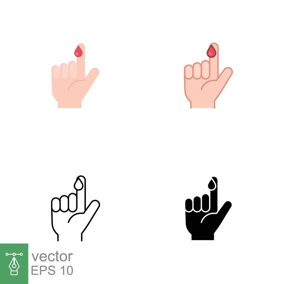 du sang sur doigt Icônes dans différent style. vecteur gens main blessé isolé symbole. glucose, insuline test, Diabète concept. conçu dans rempli contour, doubler, plat, glyphe et solide style. eps dix.