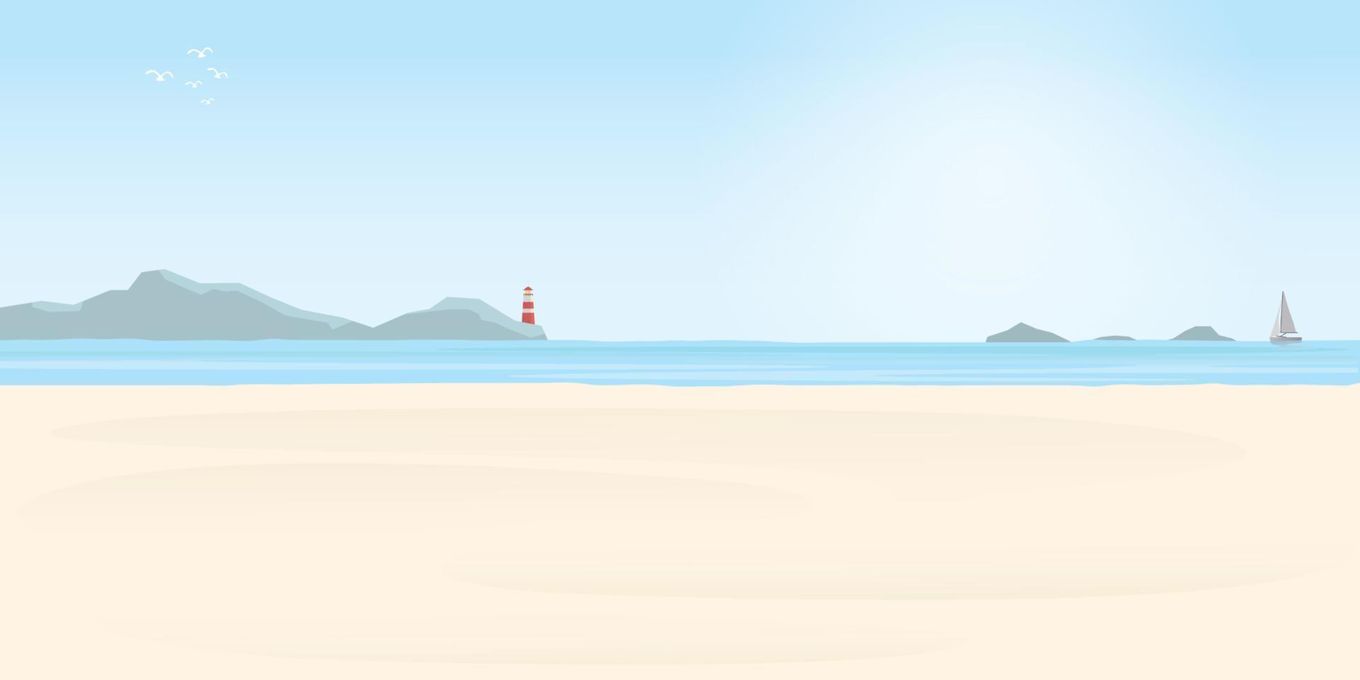 paysage marin avec phare sur Roche falaise et yacht dans été saison plat illustration. île phare, plage, mer et voilier dans ensoleillé journée. vecteur
