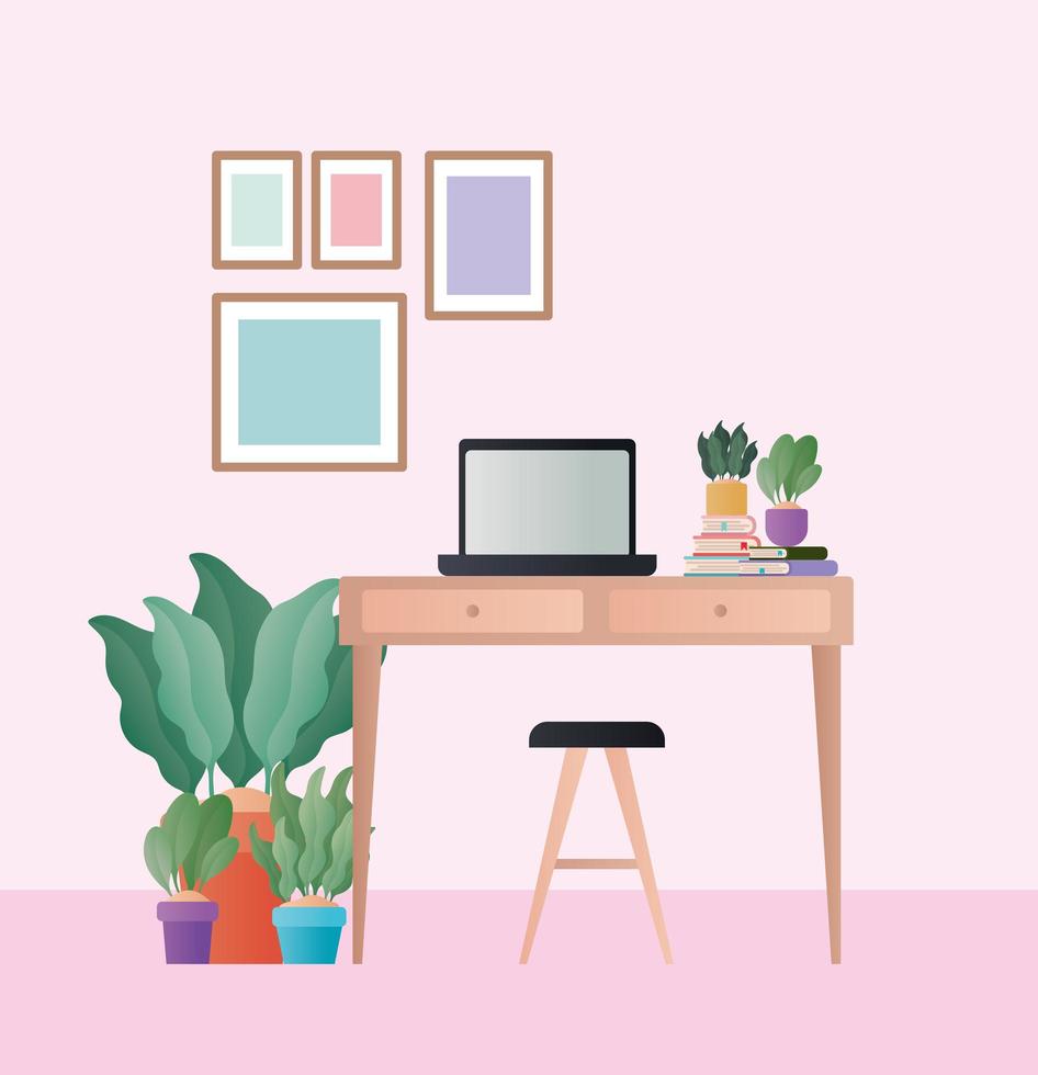 bureau avec chaise ordinateur portable et plantes dans la conception de vecteur de chambre