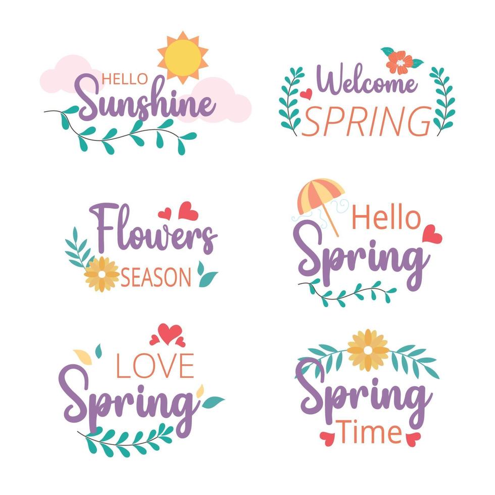 Bienvenue à la collection de badges et d'étiquettes de printemps. Bonjour Printemps. dessiné à la main. illustration vectorielle. design plat. vecteur