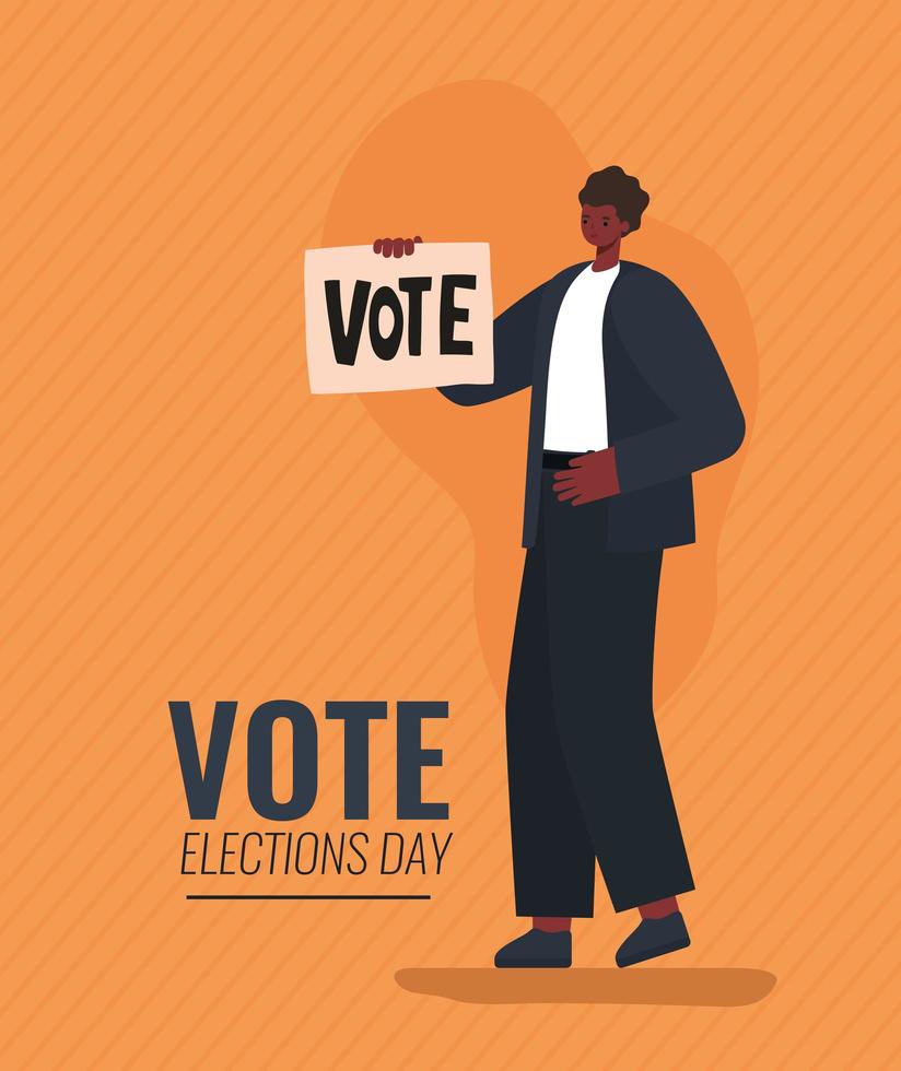 homme afro de dessin animé avec bannière de vote pour le jour des élections vecteur