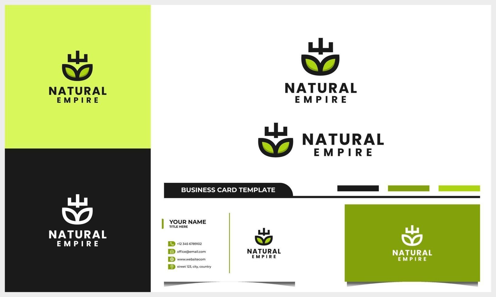 feuille de nature avec bouclier et couronne icône concept logo et modèle de carte de visite vecteur