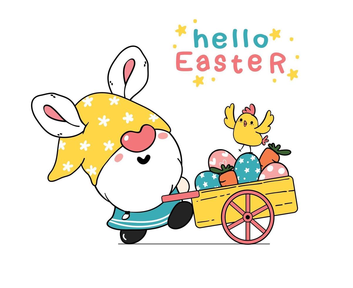 dessin animé mignon oreilles de lapin de gnome de pâques et bébé poussin jaune dans une voiture de camion rose avec des oeufs de pâques. joyeuses pâques, dessin animé mignon doodle vecteur printemps pâques clipart