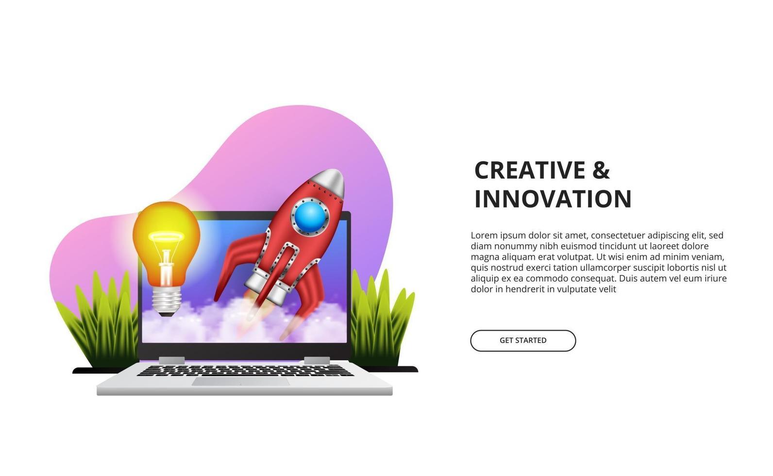 Démarrez le concept d'innovation créative avec illustration d'ordinateur portable, de fusée, de lumière. vecteur
