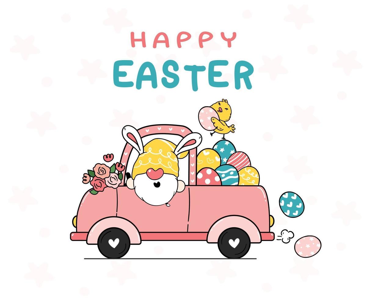 dessin animé mignon gnome de lapin et bébé poussin jaune dans une voiture de camion rose avec des oeufs de Pâques. joyeuses pâques, vecteur de dessin animé mignon doodle printemps pâques