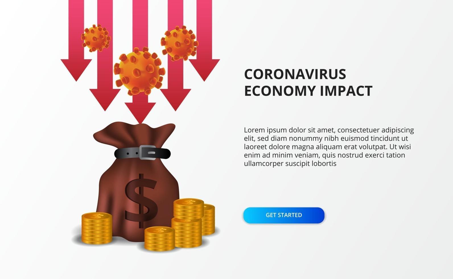propagation de l'impact sur l'économie des coronavirus. chute de l’économie. a frappé le marché boursier et l'économie mondiale. flèche rouge baissière avec concept de sac d & # 39; argent vecteur