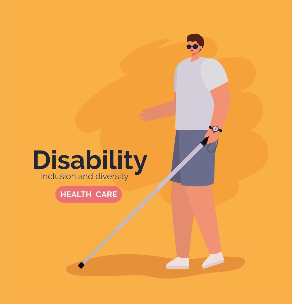 affiche de sensibilisation au handicap avec aveugle avec lunettes et conception de vecteur de canne