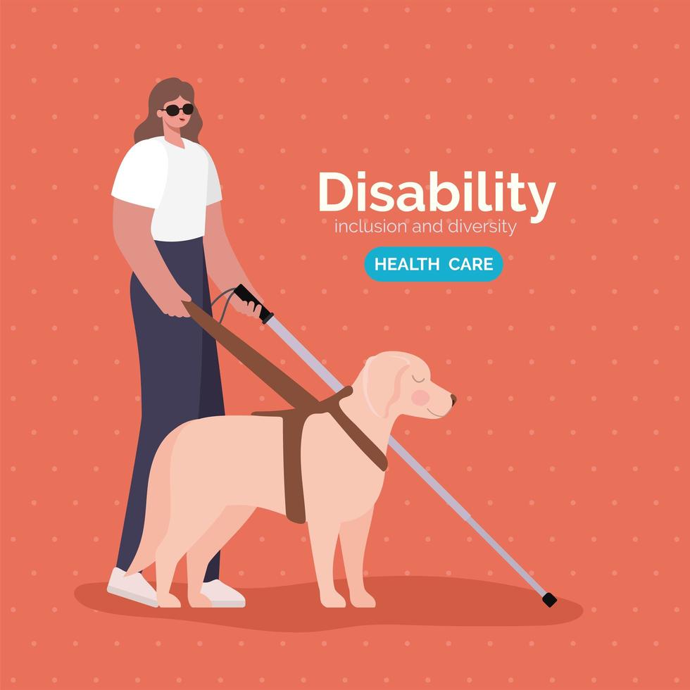 affiche de sensibilisation au handicap avec une femme aveugle avec la conception de vecteur de canne et de chien