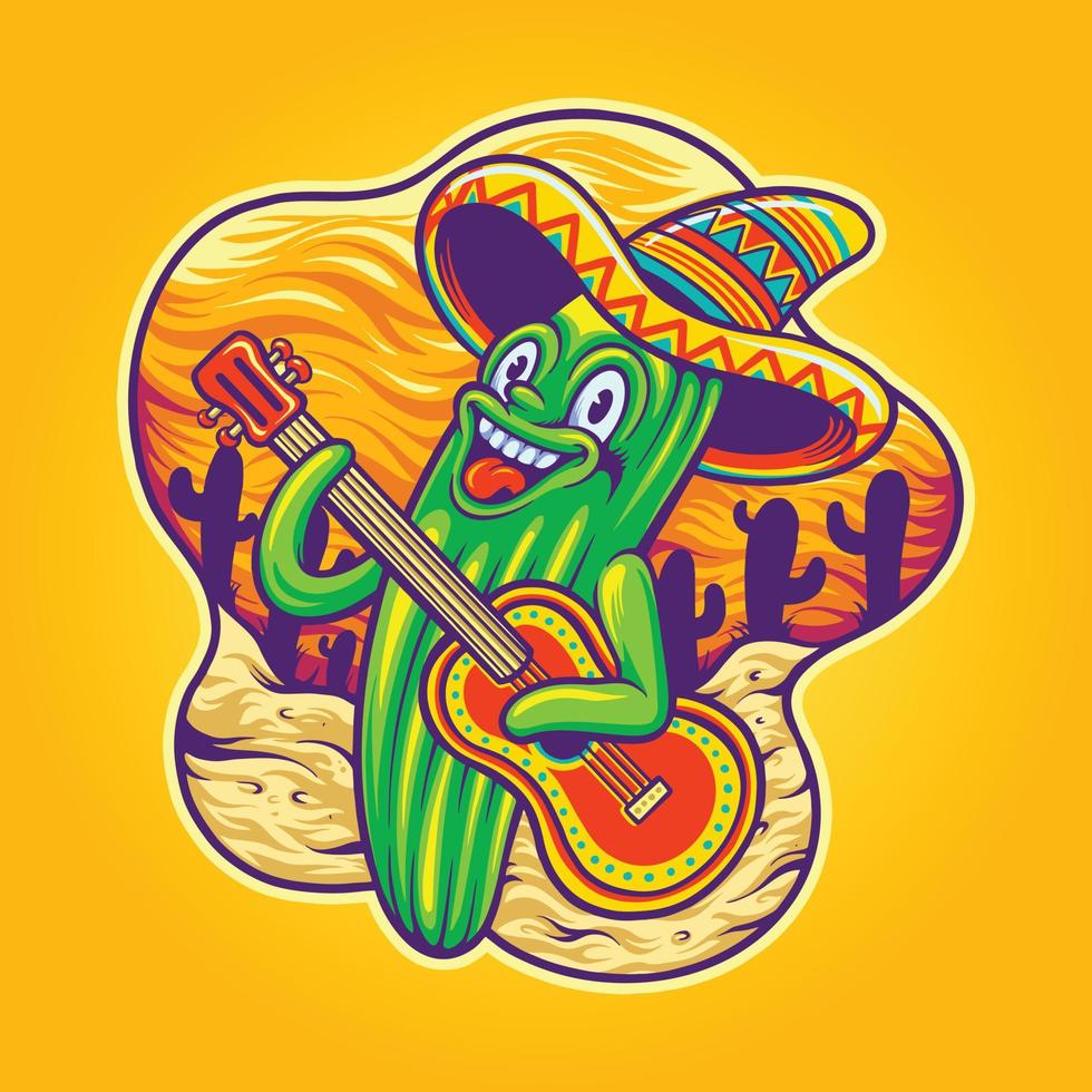 mignonne cactus cinco de mayo mexicain guitare logo dessin animé des illustrations vecteur