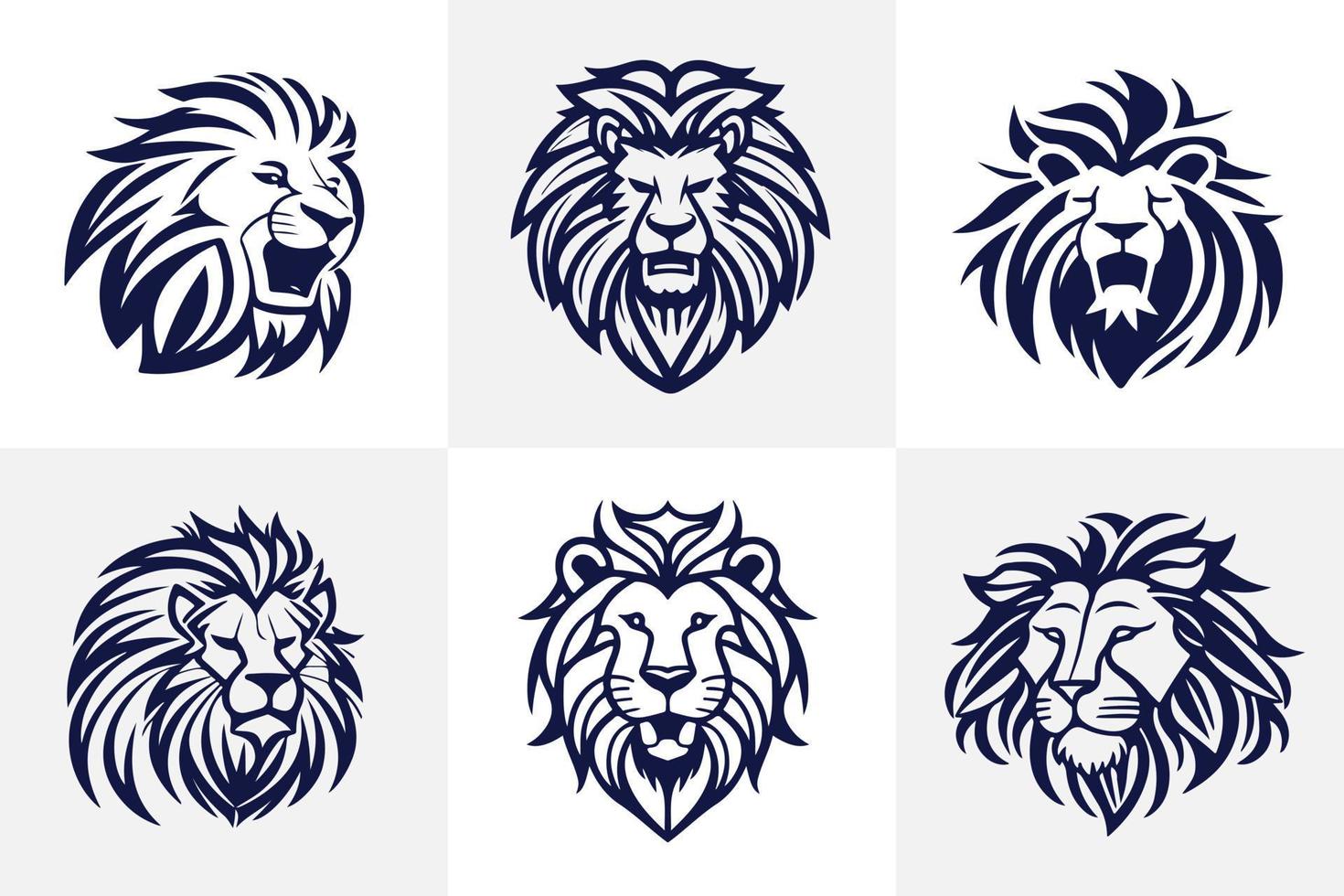 Lion tête visage logo ensemble silhouette noir icône tatouage mascotte main tiré Lion Roi silhouette animal vecteur illustration