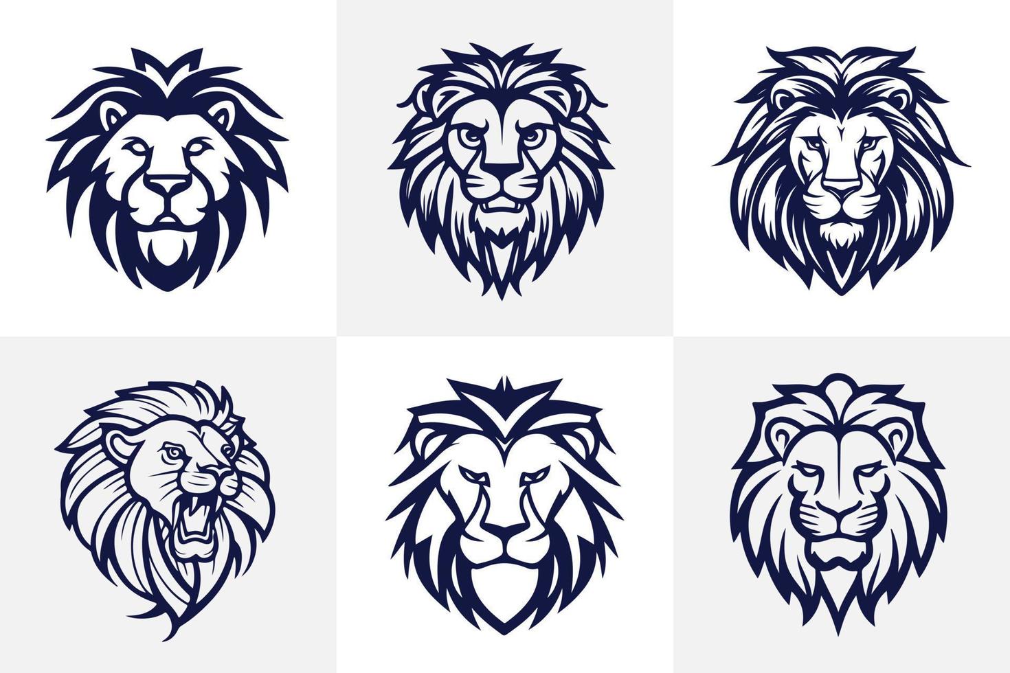 Lion tête visage logo ensemble silhouette noir icône tatouage mascotte main tiré Lion Roi silhouette animal vecteur illustration