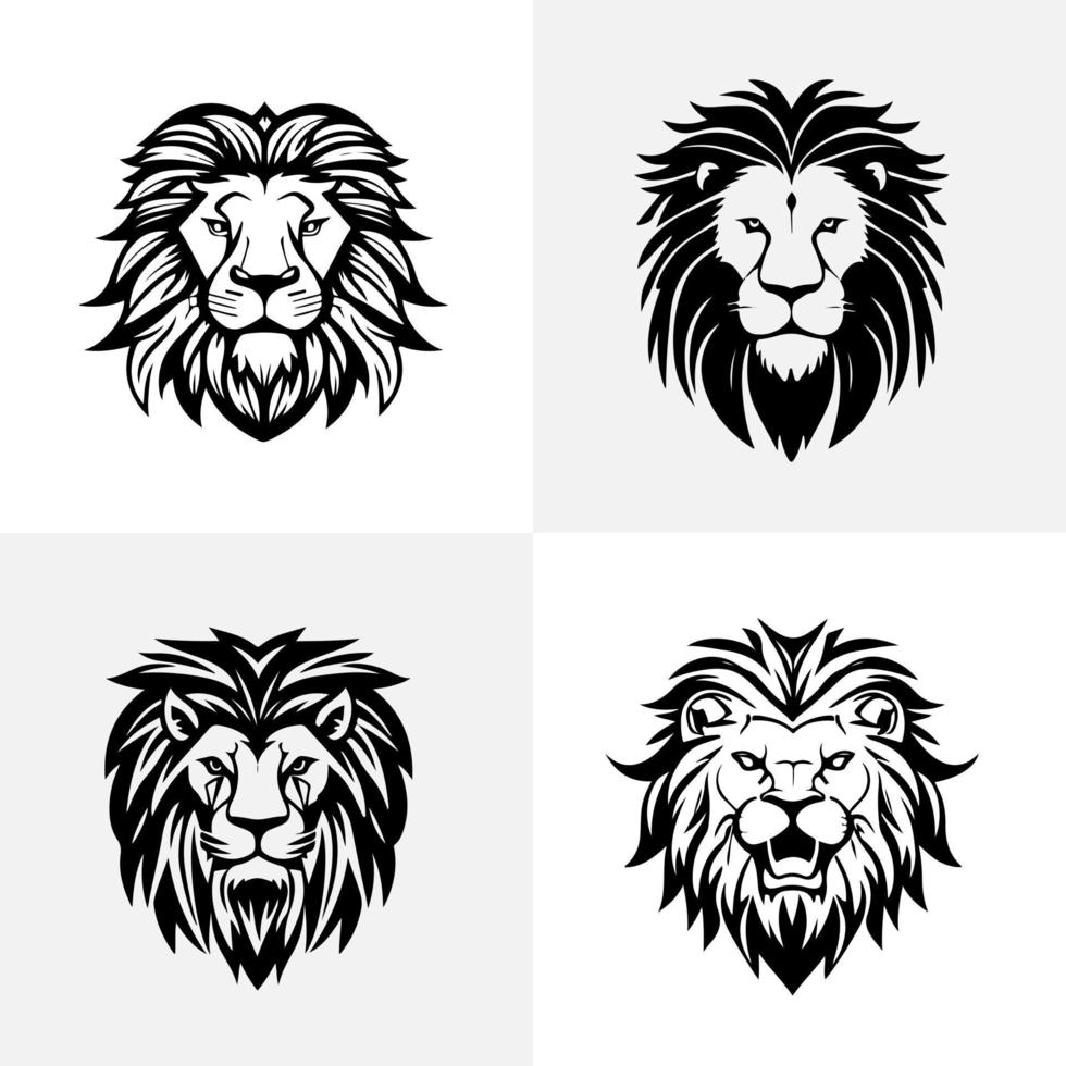 Lion tête visage logo ensemble silhouette noir icône tatouage mascotte main tiré Lion Roi silhouette animal vecteur illustration