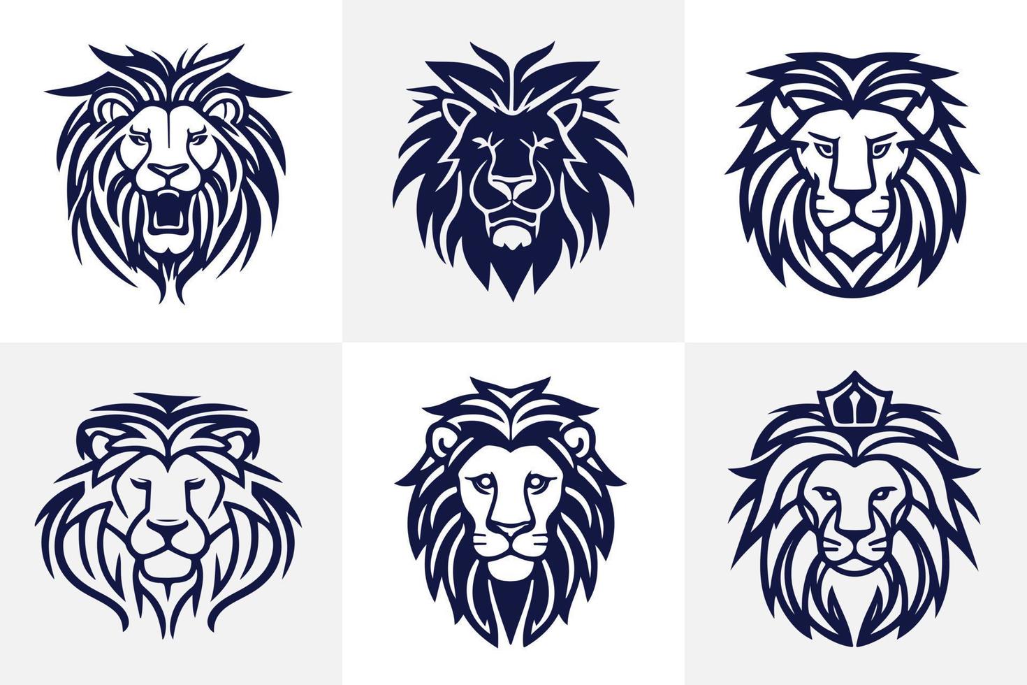 Lion tête visage logo ensemble silhouette noir icône tatouage mascotte main tiré Lion Roi silhouette animal vecteur illustration