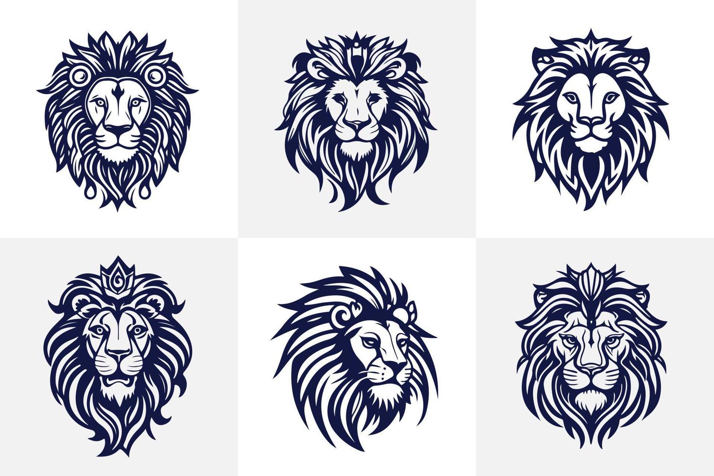 Lion tête visage logo ensemble silhouette noir icône tatouage mascotte main tiré Lion Roi silhouette animal vecteur illustration