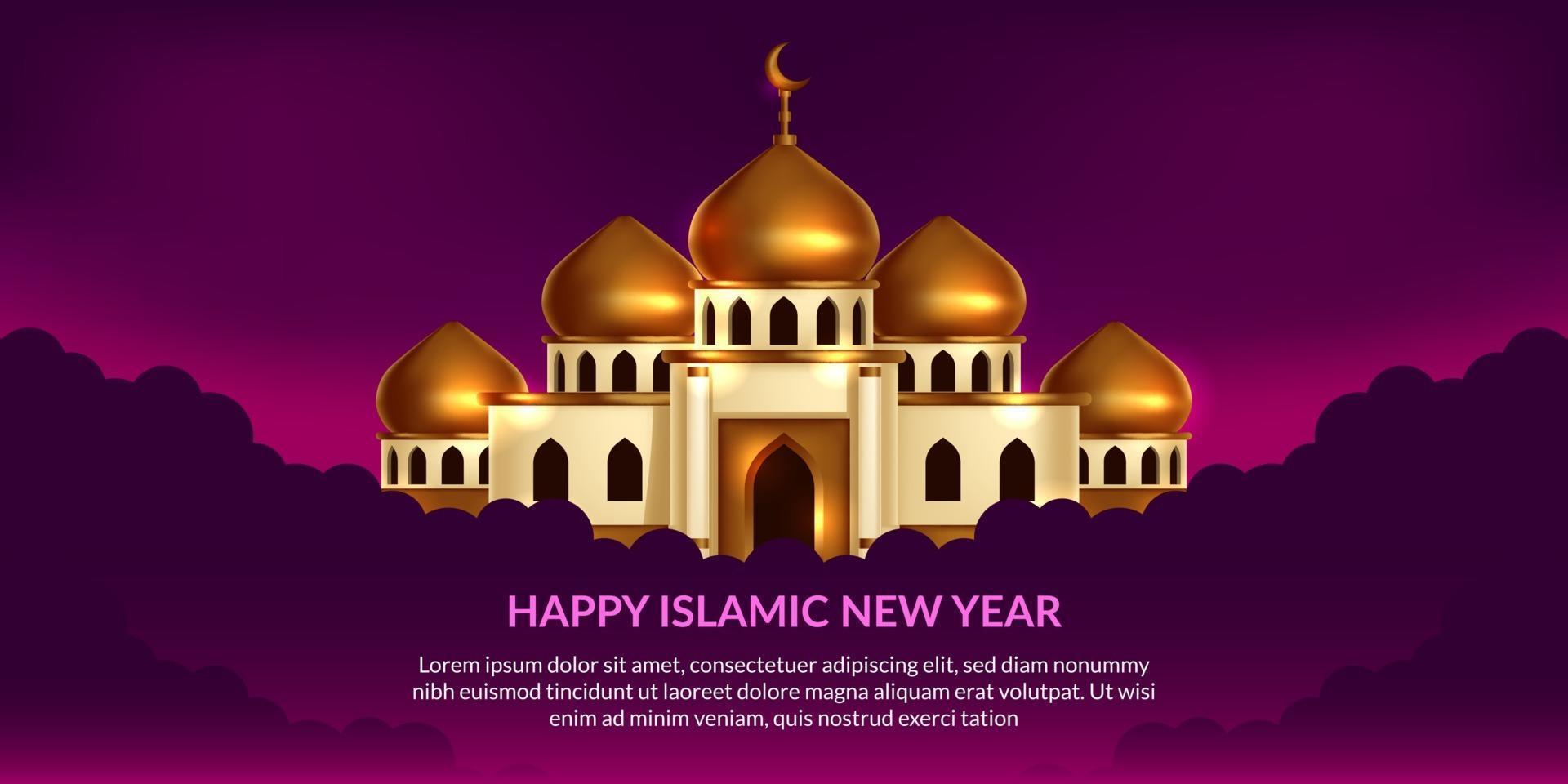 nouvel an islamique. heureux muharram. illustration de la mosquée dôme doré avec fond violet. vecteur