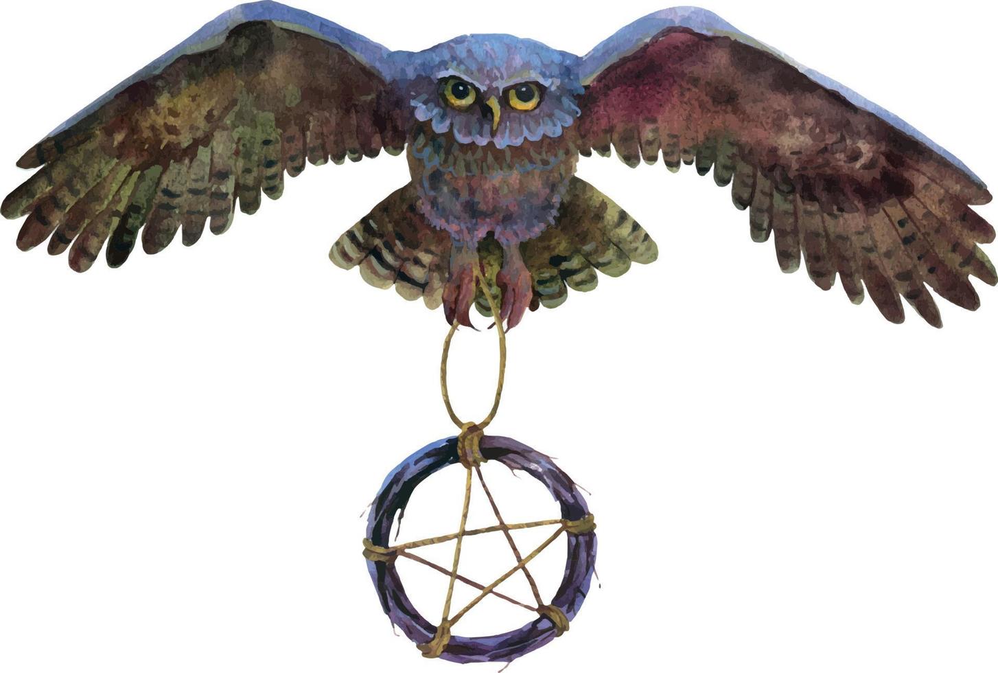 en volant hibou avec pentacle symbole dans sa pieds, aquarelle vecteur illustration, main peinture.