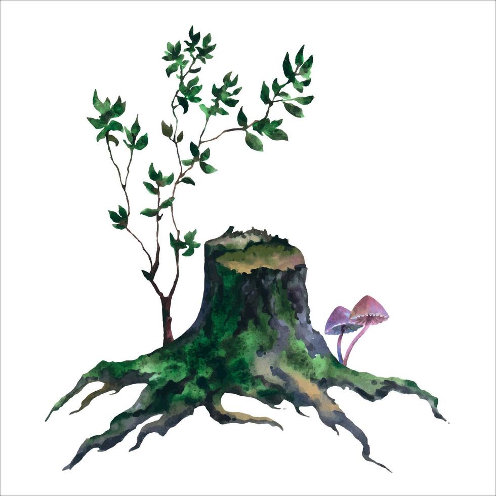 aquarelle vecteur image de un vieux souche, toxique champignons, et Jeune arbre.