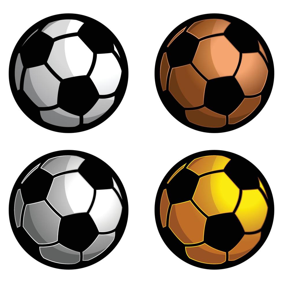 Football football Balle collection réaliste mignonne dessin animé style vecteur illustration. différent Couleur ensemble collection. noir, blanc, bronze, argent, or, Jaune balle. isolé sur blanc Contexte