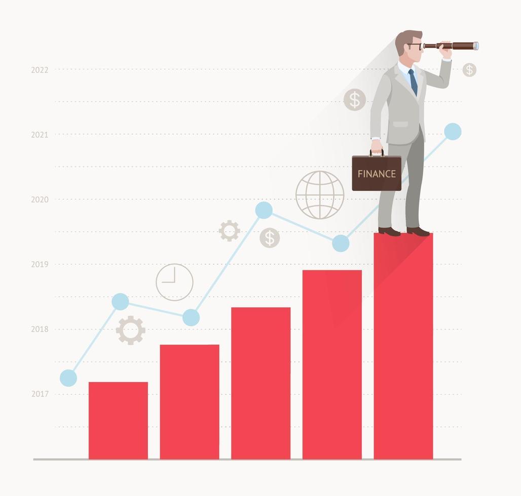 concepts de vision d'entreprise. homme d'affaires regardant à travers des jumelles debout sur un graphique à barres. illustration vectorielle. vecteur