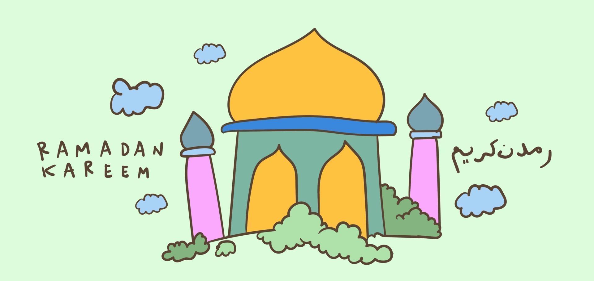 ramadan kareem mosquée islamique enfants salutation dessinés à la main vecteur