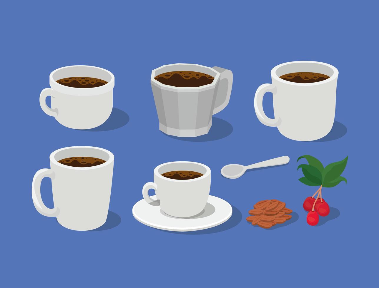 tasses à café, tasses, cuillère avec des baies, des feuilles et des haricots vector design