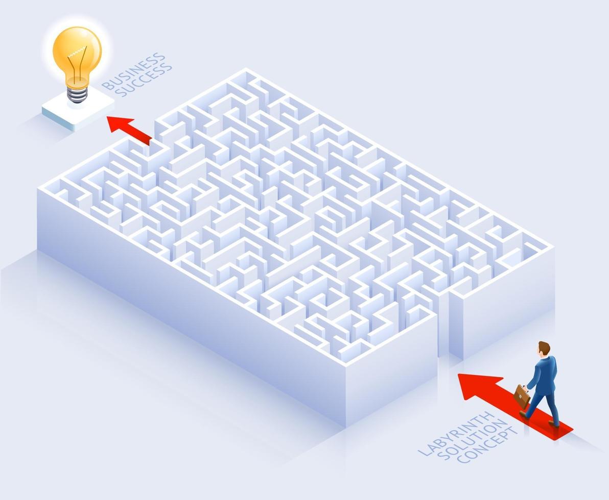 conception conceptuelle de solution commerciale. homme d & # 39; affaires debout à l & # 39; illustration vectorielle labyrinthe. vecteur