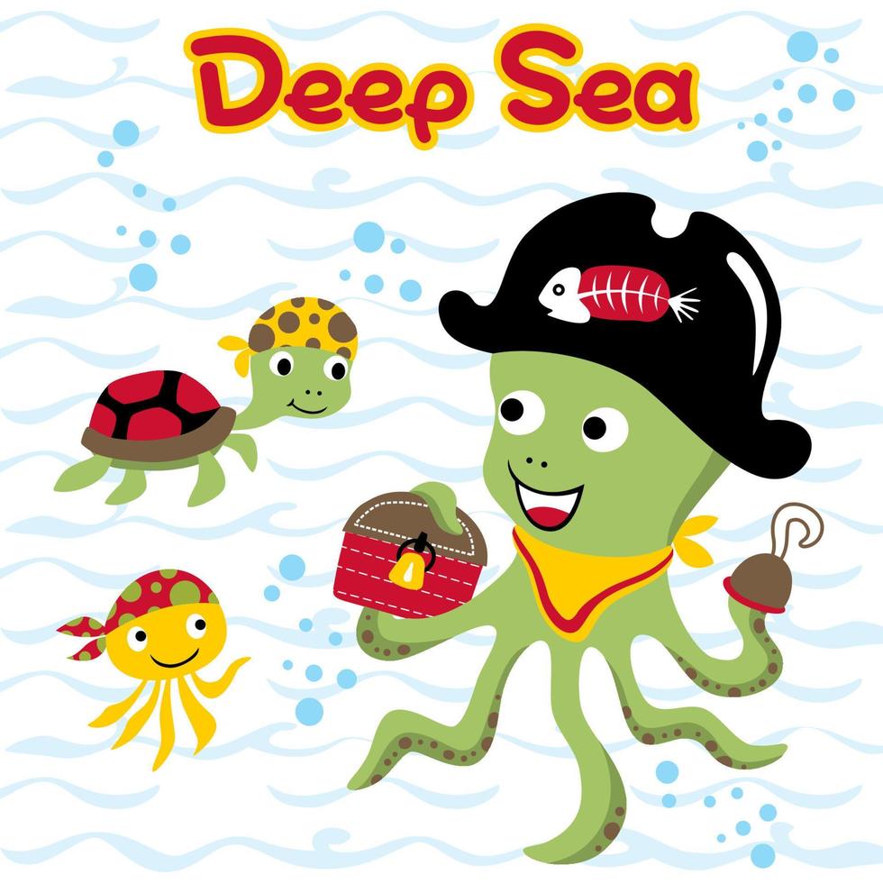 marrant poulpe avec tortue et calamar dans pirate costume sous-marin, vecteur dessin animé illustration