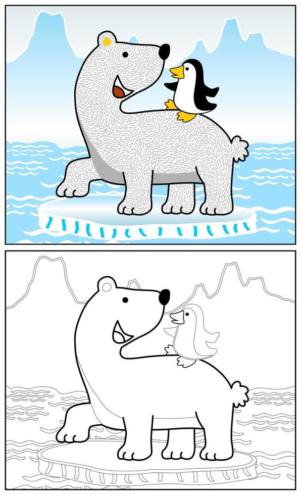 marrant polaire ours avec manchot sur la glace Montagne arrière-plan, vecteur dessin animé illustration, coloration livre ou page