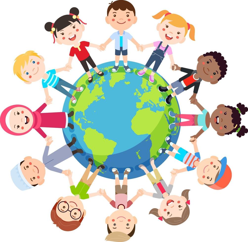 les enfants adorent le concept de globe. des groupes d'enfants du monde entier se donnent la main dans le monde entier. illustration vectorielle. vecteur