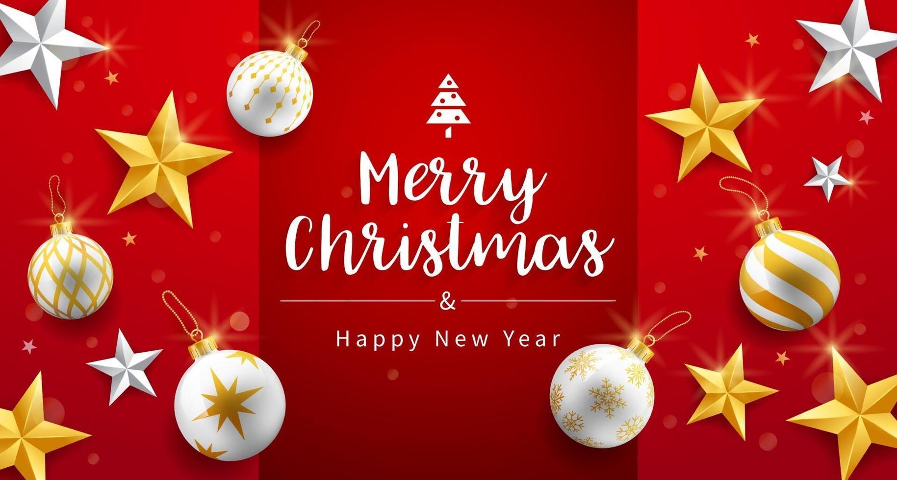 Joyeux Noël et bonne année carte avec fond de bulles d'or, d'étoile d'argent et d'ornements de Noël. illustrations vectorielles. vecteur