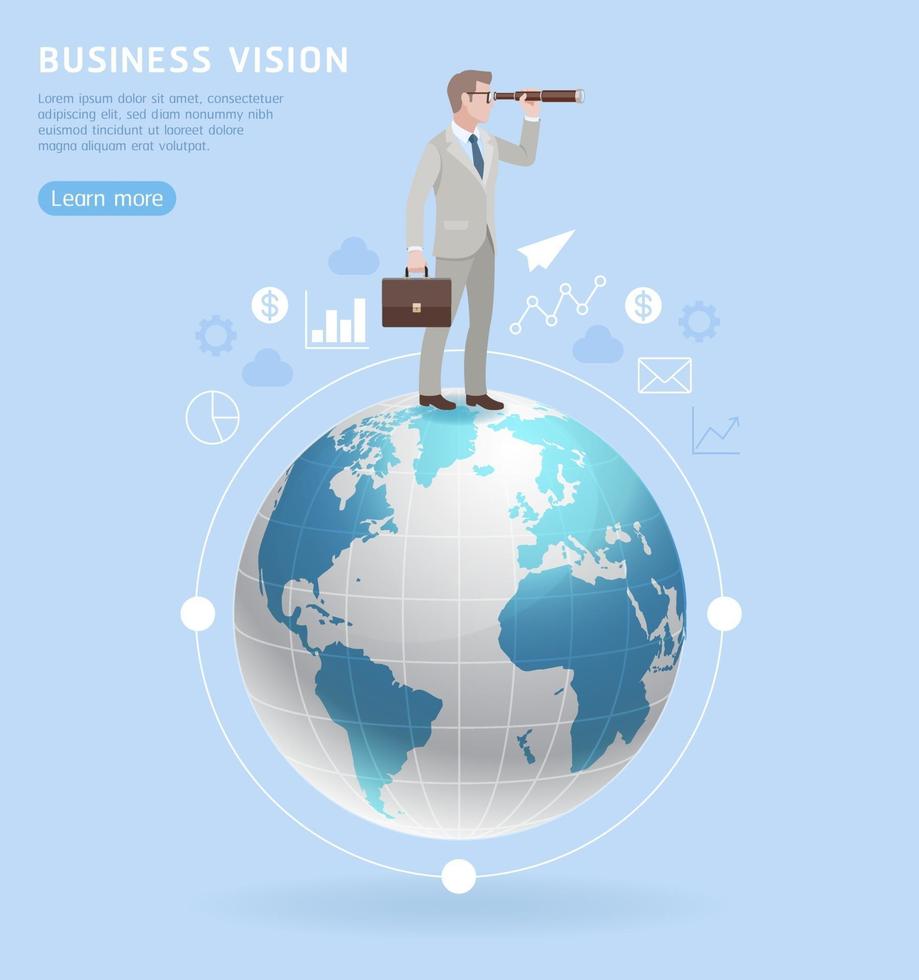 concept de vision d'entreprise. homme d'affaires debout avec des jumelles sur le globe. illustration vectorielle. vecteur