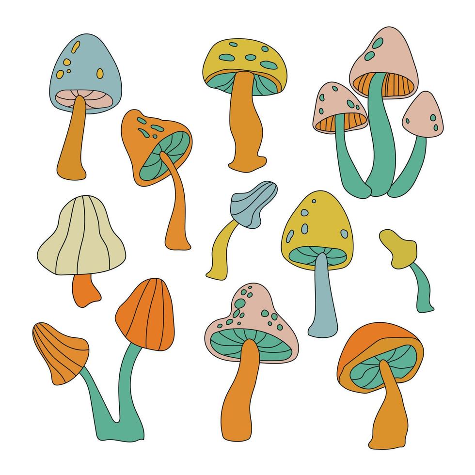 collection avec champignons dans le conception style de le années 70. cool branché rétro branché psychédélique éléments. tendance vecteur illustration.