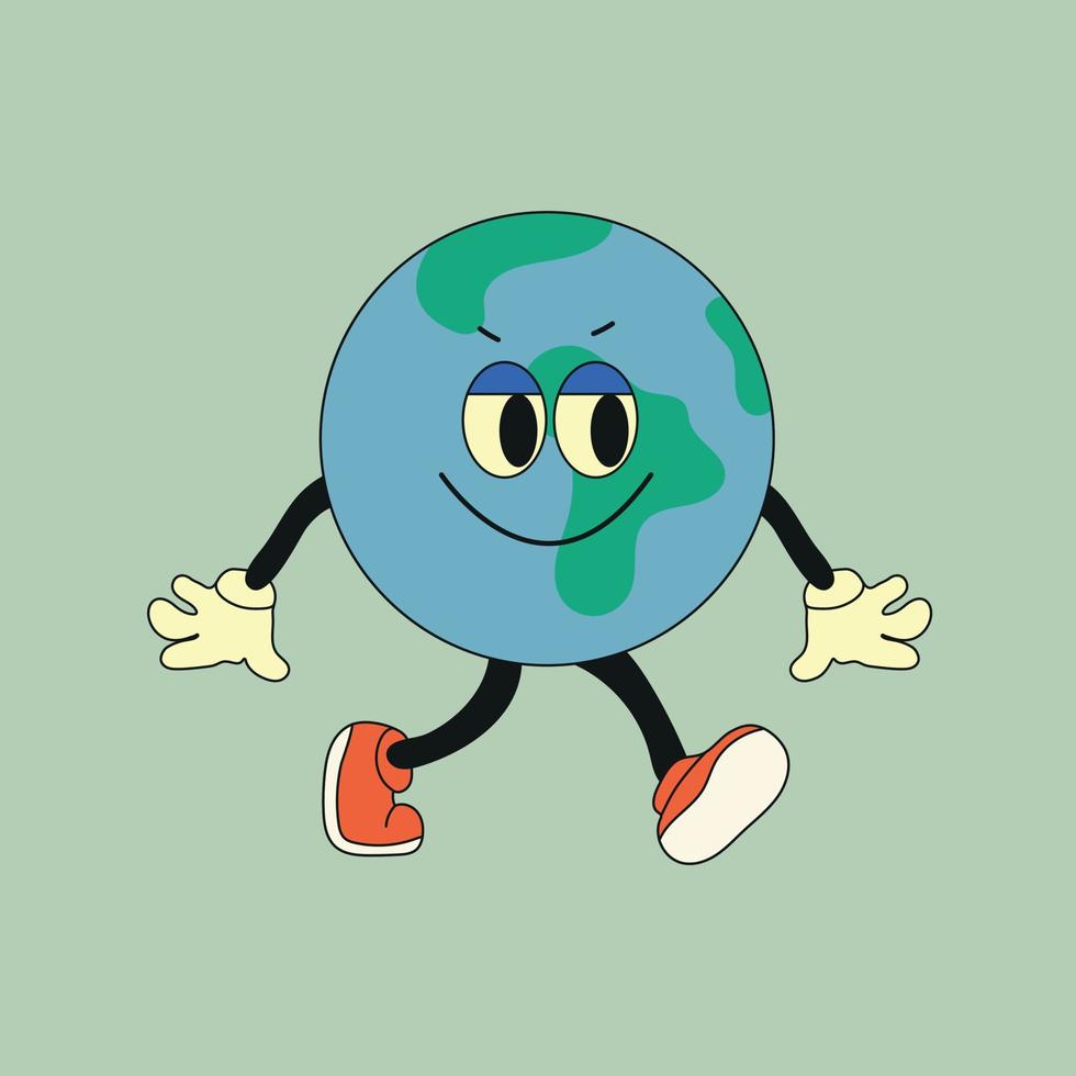 mignonne planète Terre personnage. mignonne Terre globe avec émotions, affronter, bras, jambes dans chaussures. dessin animé style. main tiré mode vecteur illustration. monde Terre jour, la nature se soucier concept