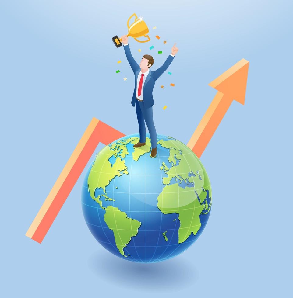 conception de concept isométrique de gens d & # 39; affaires. homme d & # 39; affaires gagnant a la médaille d & # 39; or debout sur le globe terrestre avec flèche. vecteur