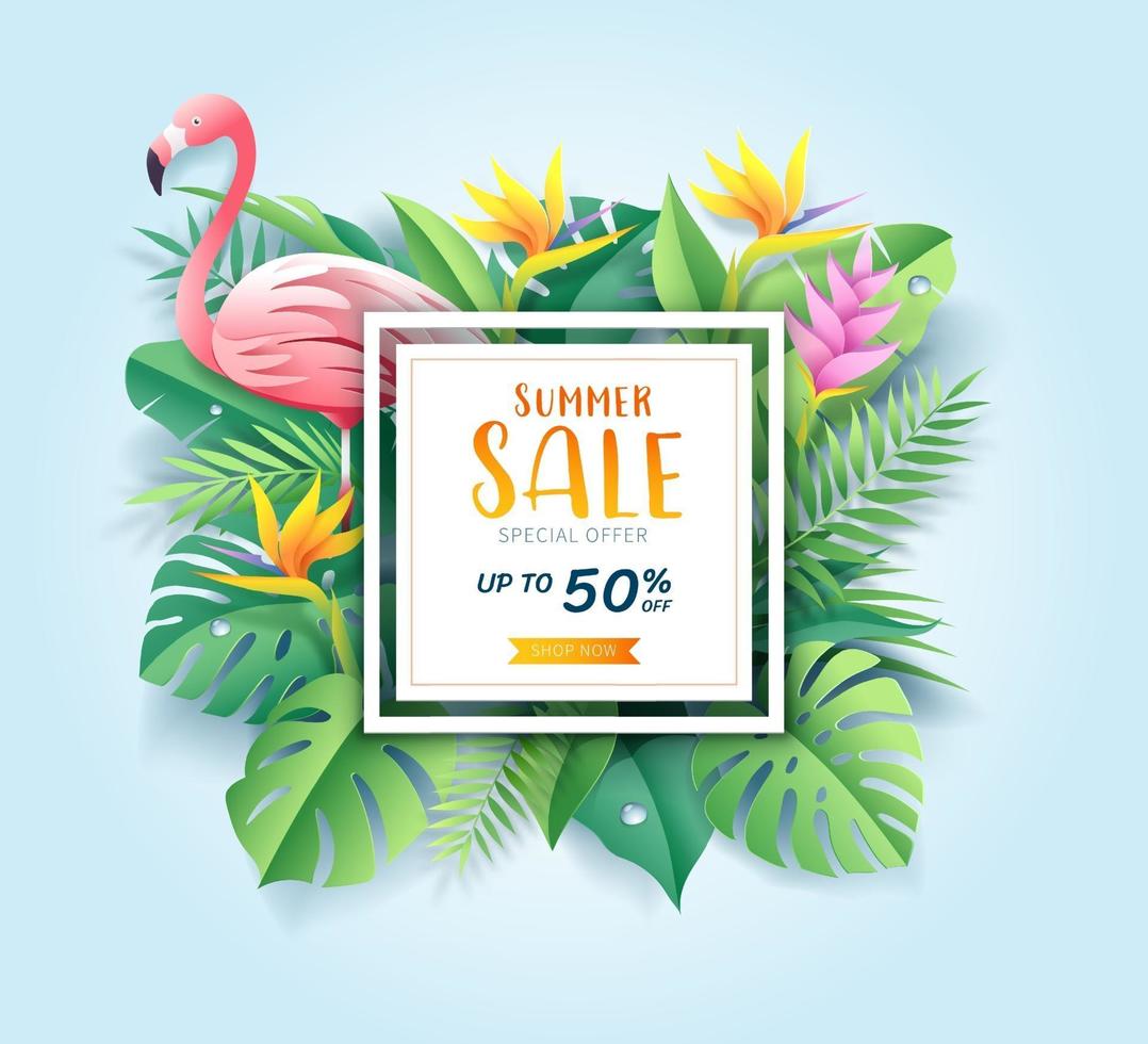 carte de vente d'été avec flamant rose sur fond de papier feuille tropicale. illustration vectorielle vecteur