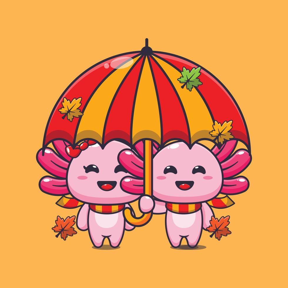 mignonne couple axolotl avec parapluie à l'automne saison. vecteur