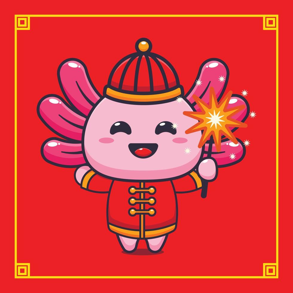 mignonne axolotl en jouant feu d'artifice dans chinois Nouveau an. vecteur