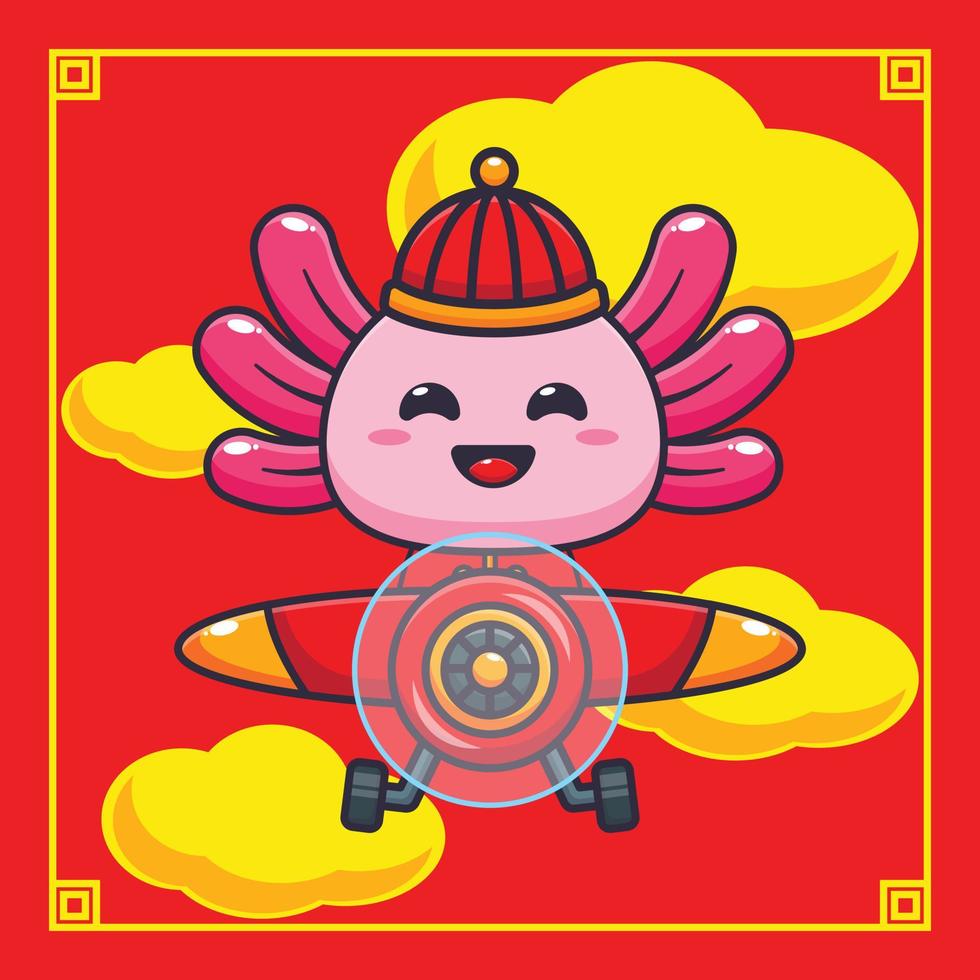 mignonne axolotl mouche avec avion dans chinois Nouveau an. vecteur