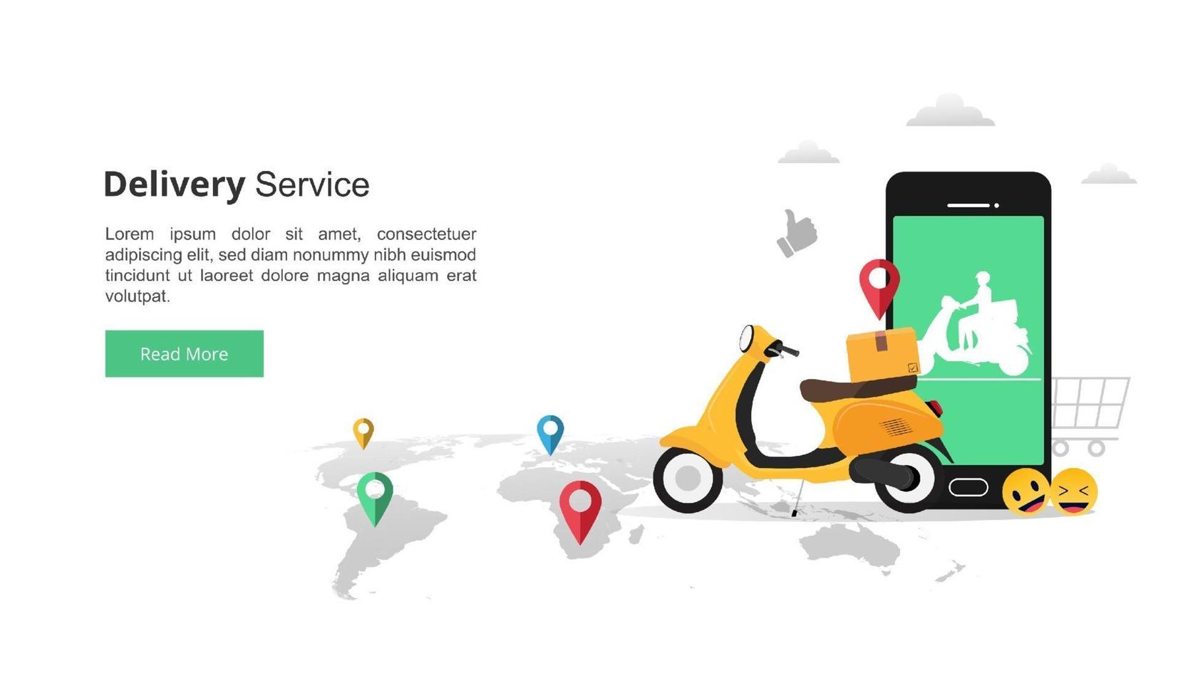 concept de services de livraison rapide en ligne avec smartphone. illustration de courrier avec scooter jaune et navigation colorée sur le symbole de la carte. style de vecteur plat